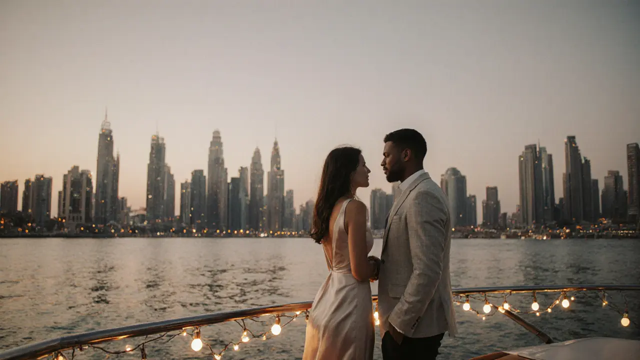 A couple on a luxury yacht in Dubai Marina, conversing respectfully at dusk.