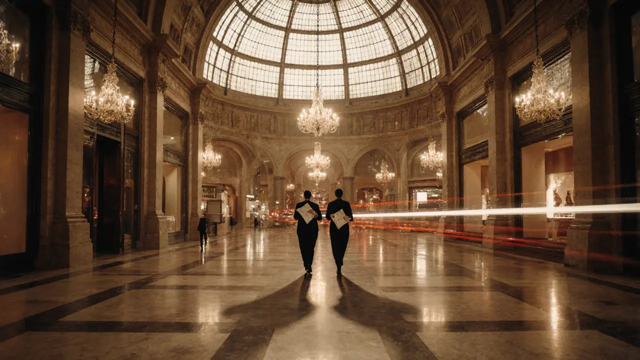 A couple walking through the empty, glowing Galleria Vittorio Emanuele II after hours.