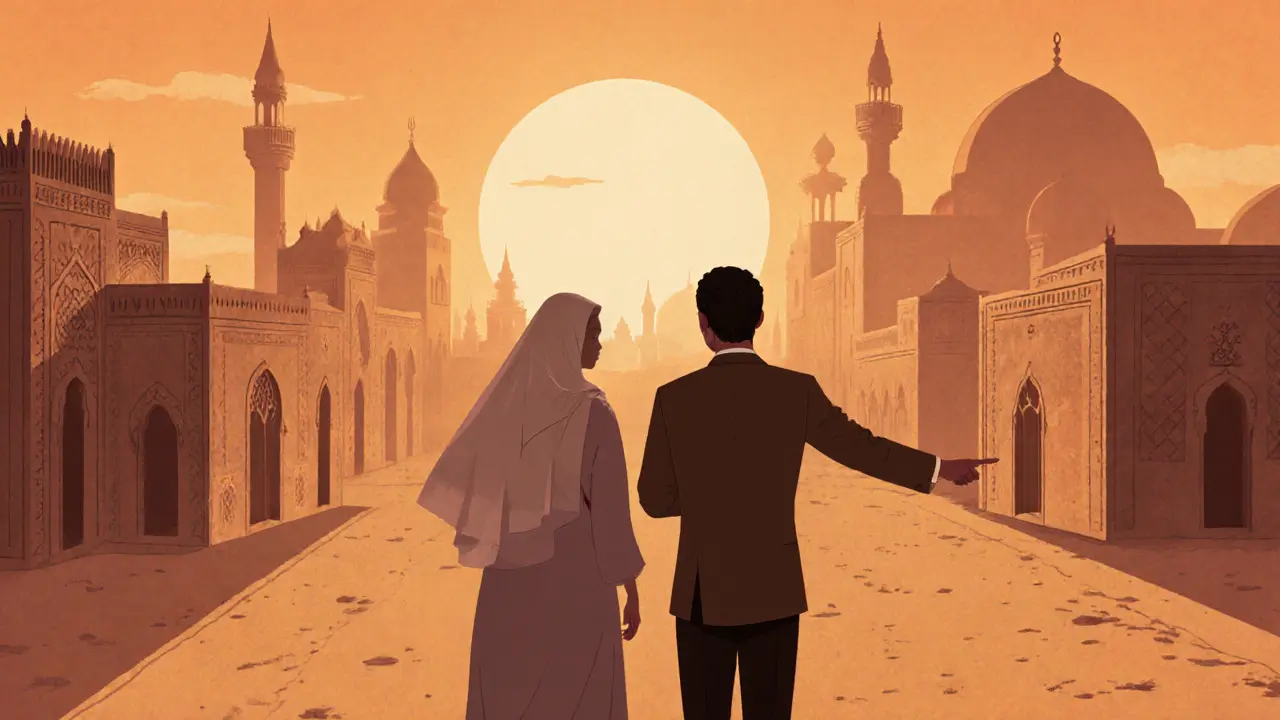 A guide showing a traveler around Abu Dhabi&#039;s Heritage Village at sunset.