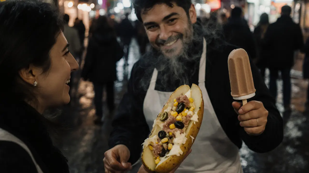 A late-night street vendor serving a loaded kumpir potato with chewy Turkish ice cream.