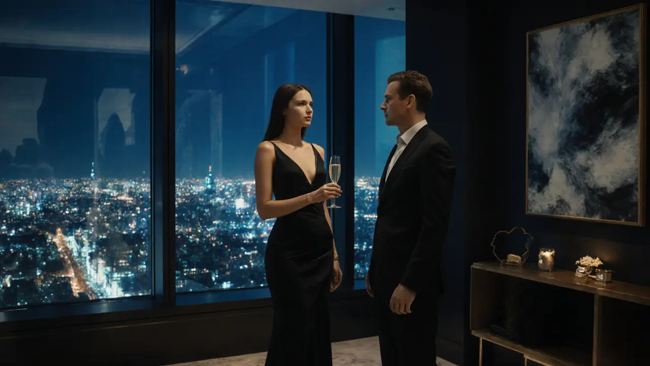 A luxury escort and client celebrating at a high-end London penthouse with city views.