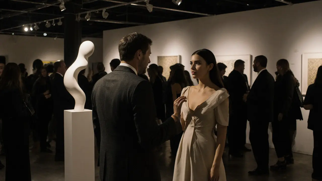 A man and woman engaging in thoughtful conversation at an art gallery in Alserkal Avenue.