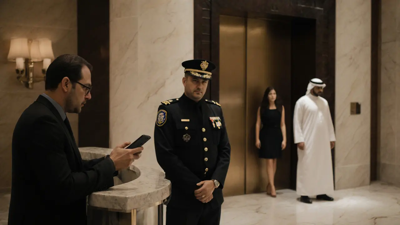 A man in a luxury hotel lobby glancing at his phone while security watches discreetly.