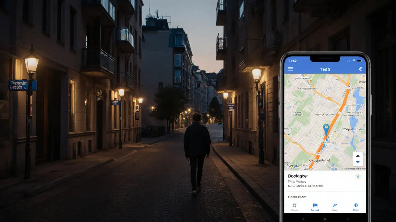 A person walking toward a well-lit Berlin apartment building, checking a safety map on their phone.