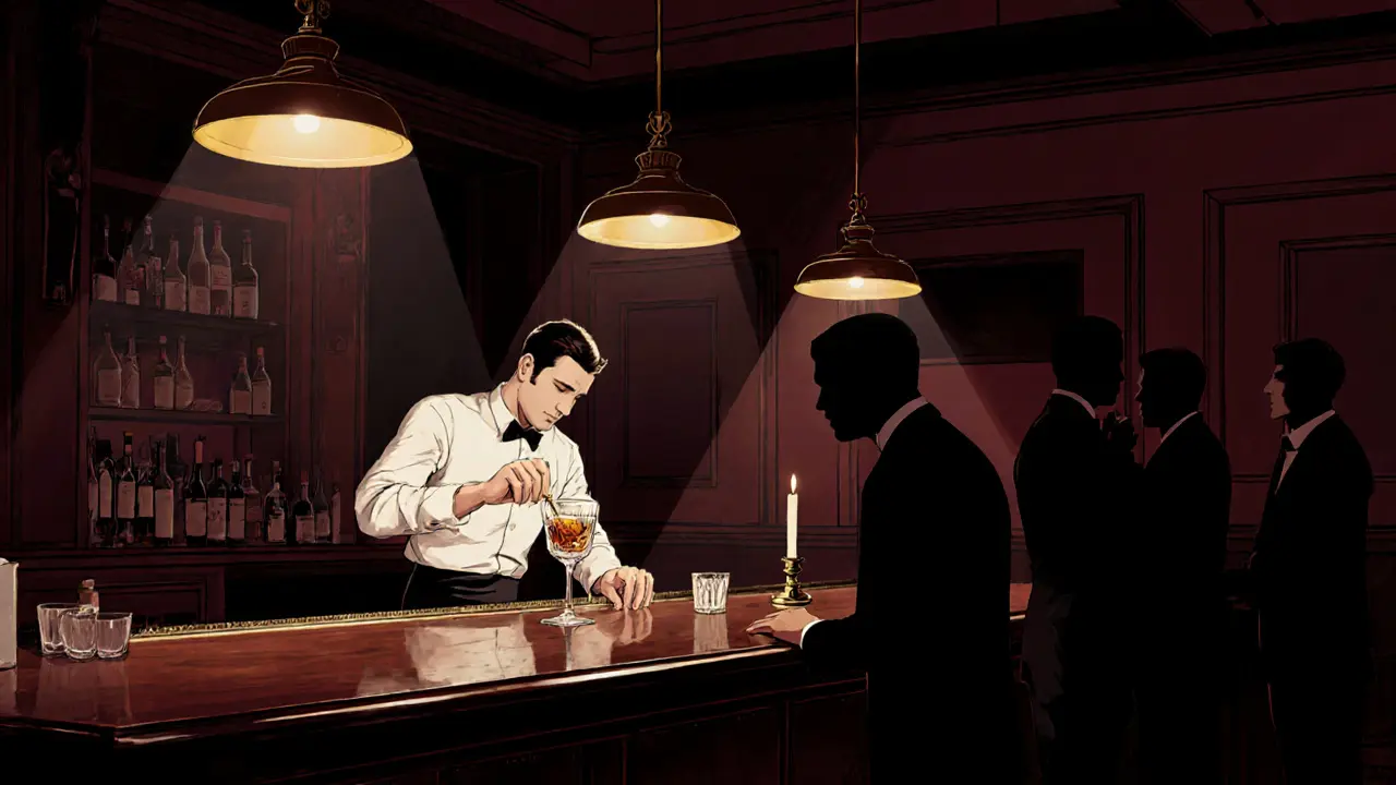 A quiet bar with a bartender stirring a cocktail under warm lamps, two shadowed figures whispering in the background.