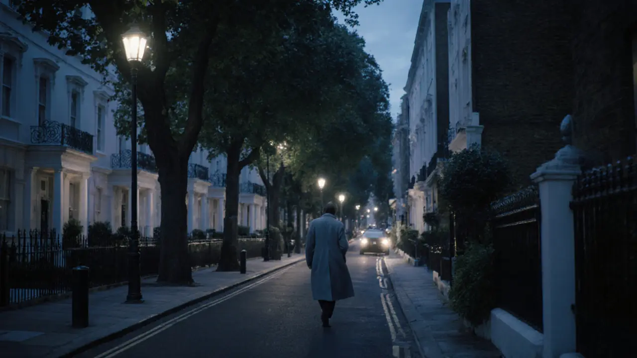 A quiet London street at dusk with elegant townhouses and soft lighting, conveying discretion and safety.