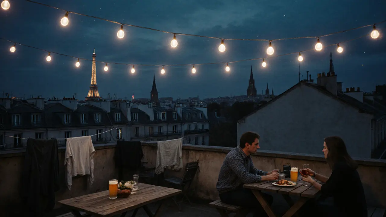 A quiet rooftop terrace at night with views of Paris rooftops and the Eiffel Tower in the distance.