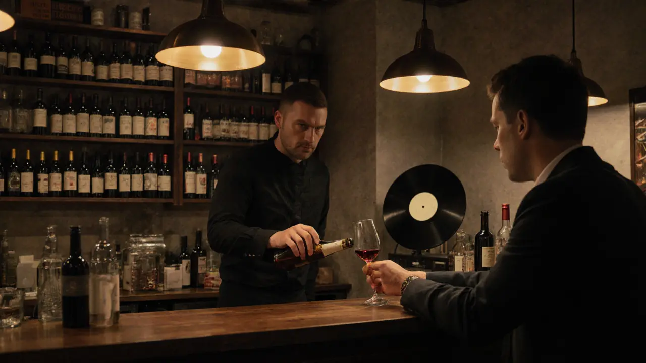 A quiet wine bar with bottles on the wall, a sommelier pouring wine for a customer.