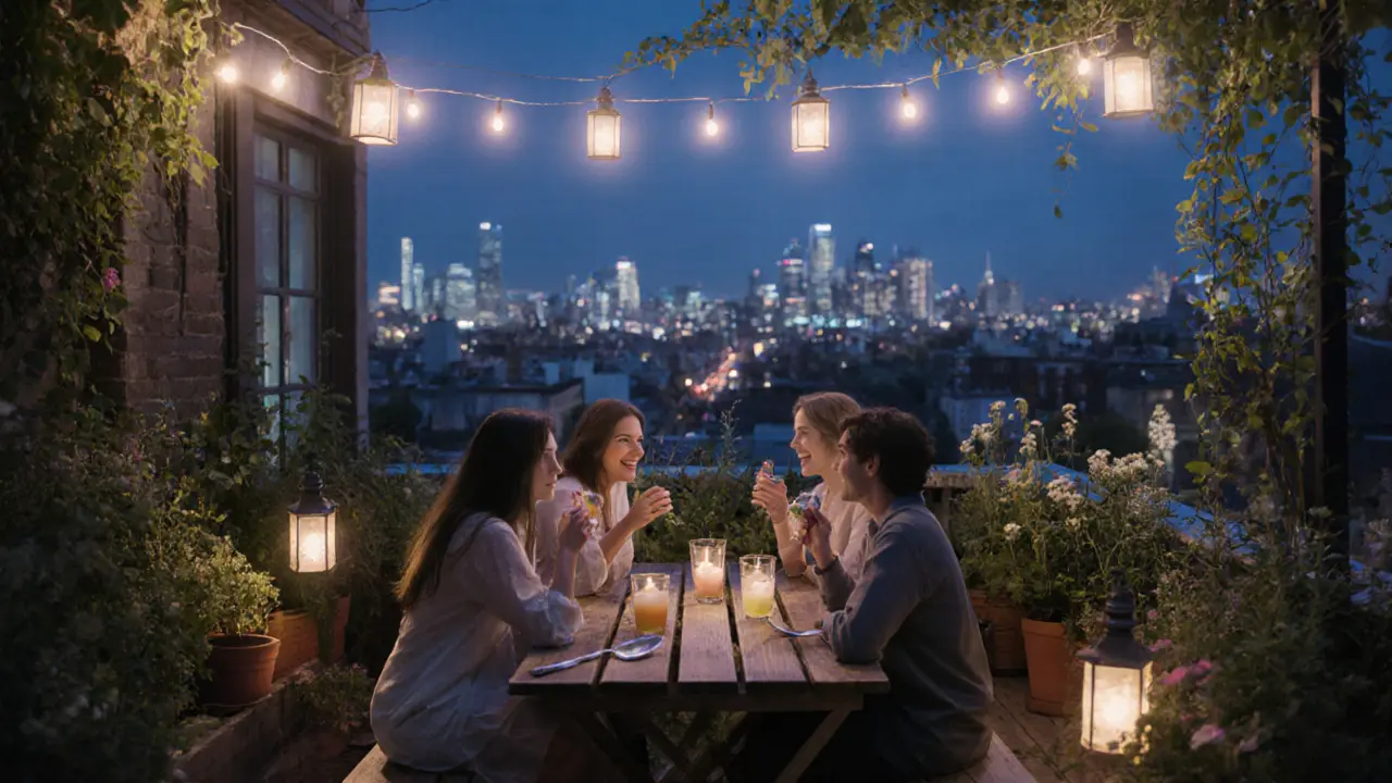 A rooftop garden at night with string lights, herbs, and people chatting under the city skyline.