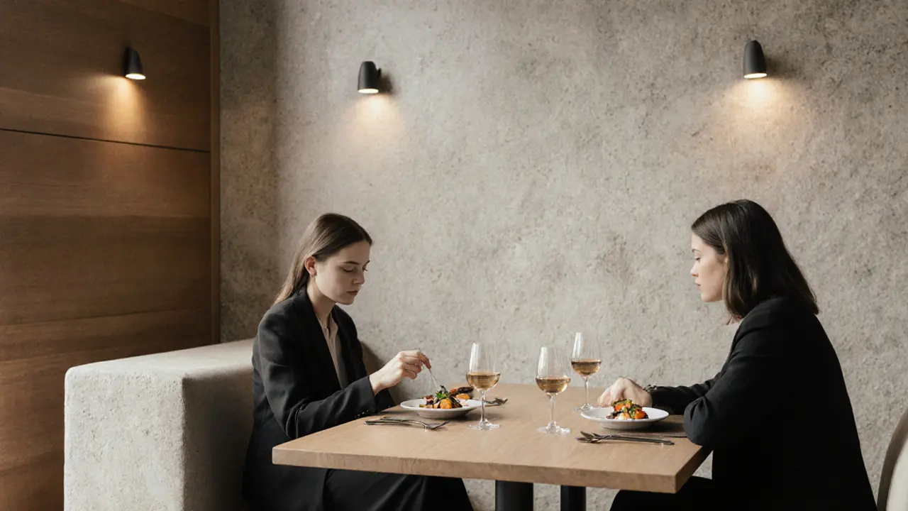 A serene dining scene with minimalist decor and carefully plated dishes under soft, ambient lighting.