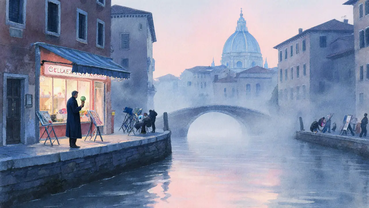 A serene Navigli canal at dawn with a man holding gelato under a soft morning haze.