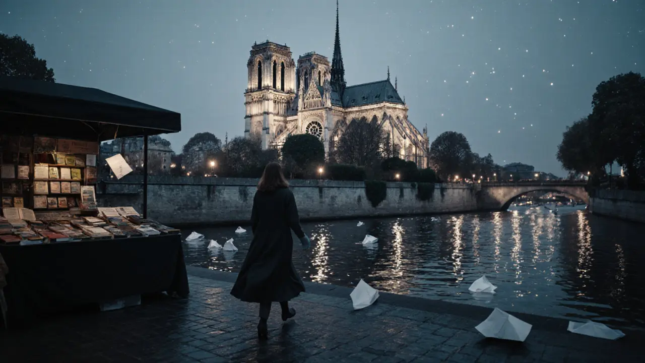 A solitary figure strolls along the Seine at midnight with Notre-Dame glowing in the distance.