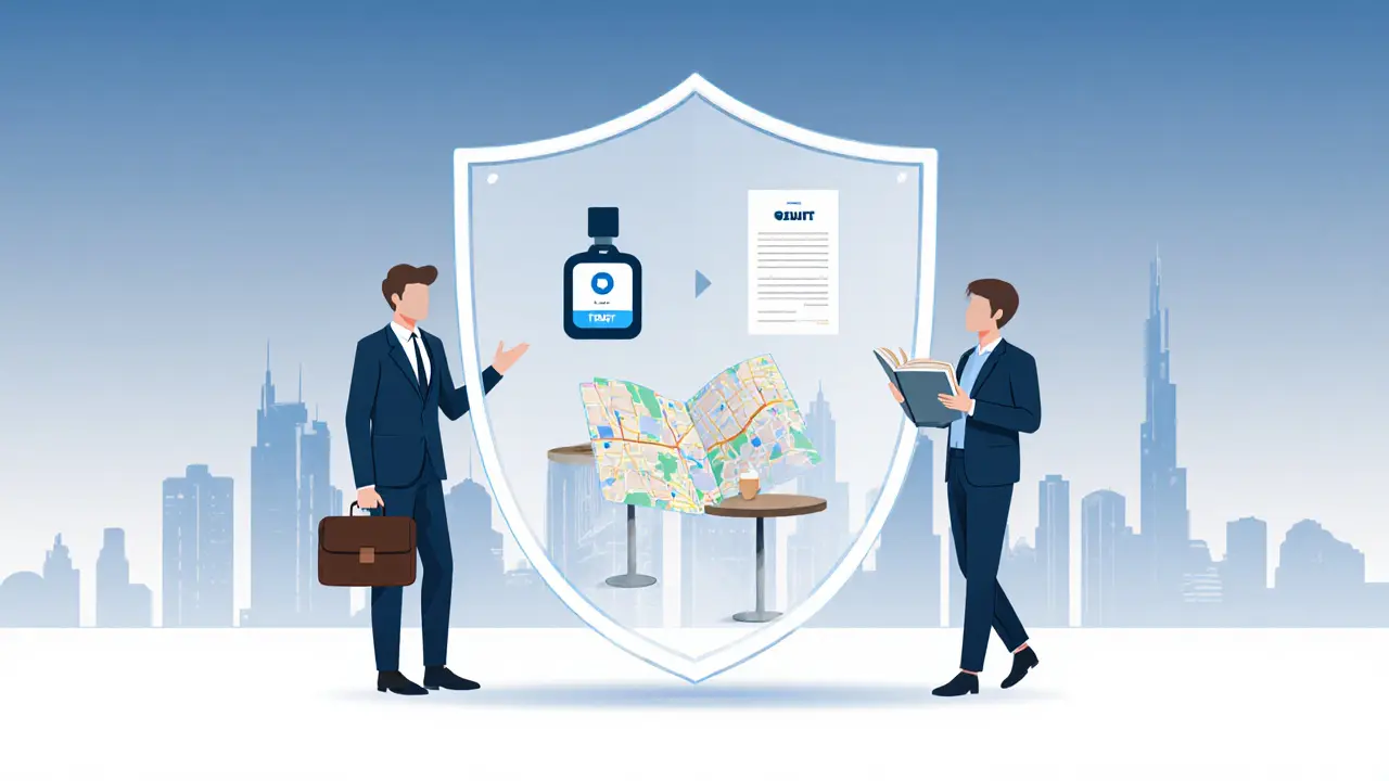 A symbolic representation of safe companionship with ID, receipt, and public setting.