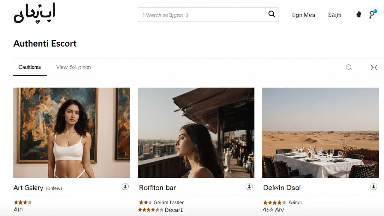 A verified companionship profile with authentic photos and client reviews on a sleek website interface.