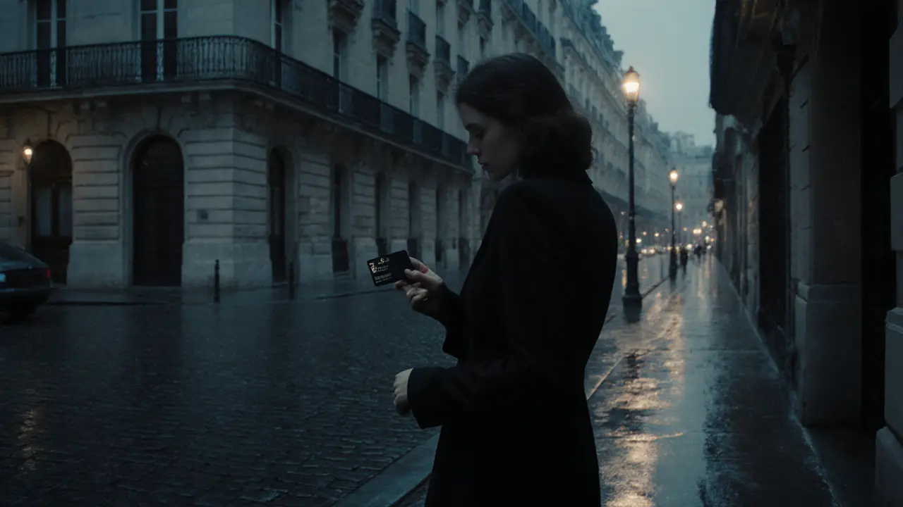 A woman holding a keycard outside a grand Parisian apartment, rain reflecting streetlights.