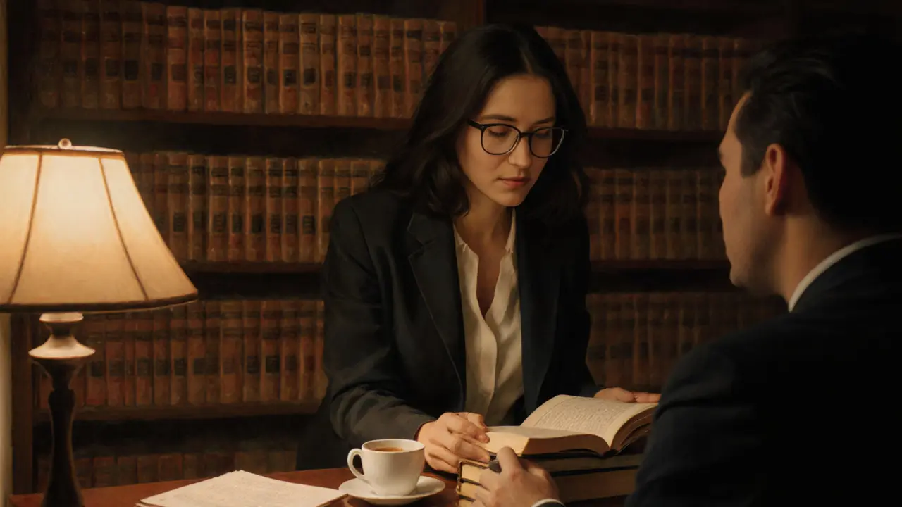 A woman in a blazer guides a client through a philosophical book in a quiet, lamplit library, emphasizing intellectual companionship.