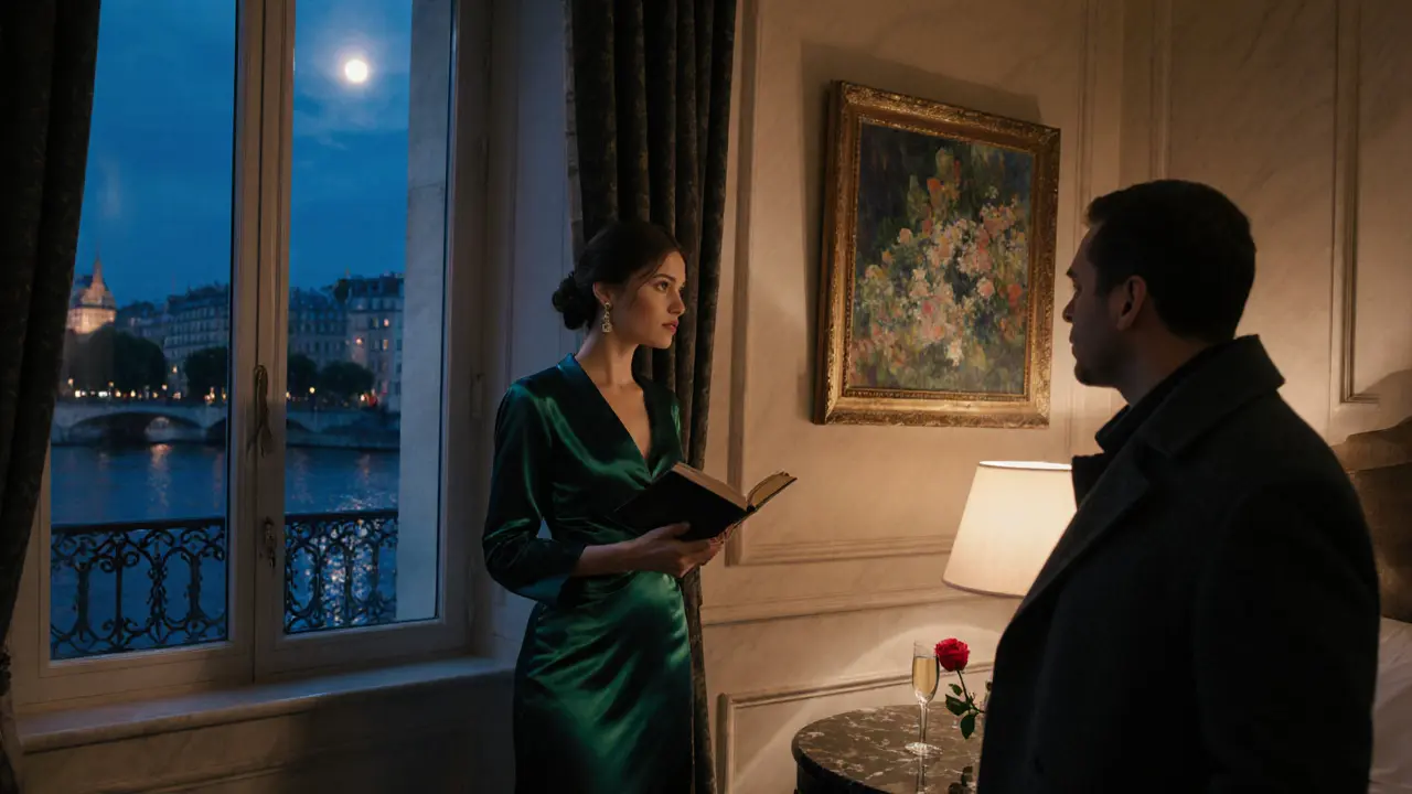 A woman in a silk gown and a man admire art in a luxury hotel suite, with the Seine glowing outside the window.