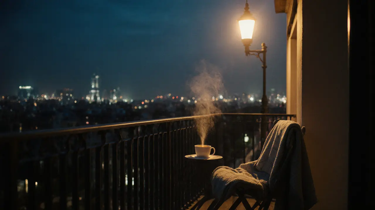 An empty balcony at night in Berlin with a teacup and blanket, city lights glowing softly in the distance.
