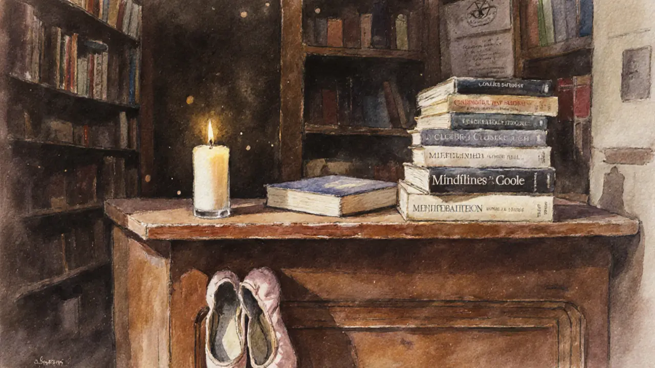 An empty bookshop in Montmartre with a candle and ballet slippers under a shelf.