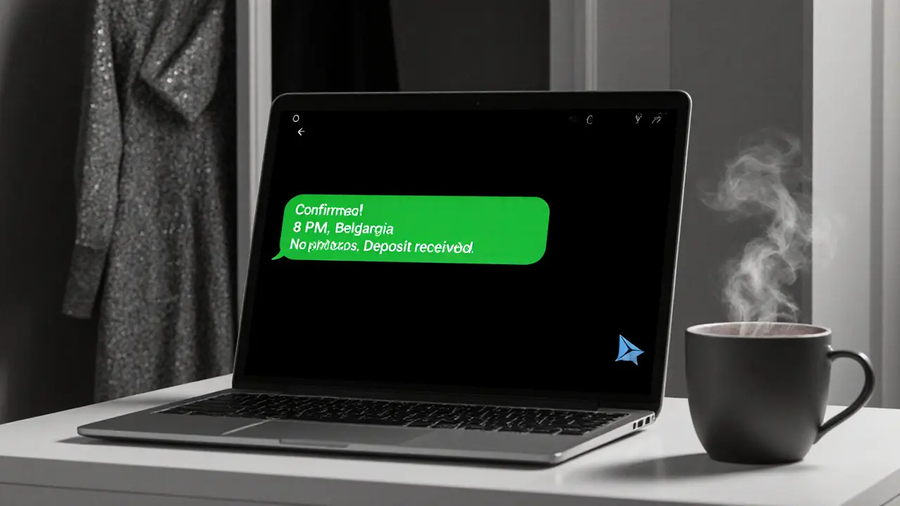 An encrypted chat on a laptop showing only a confirmed appointment, with no names or personal details visible.