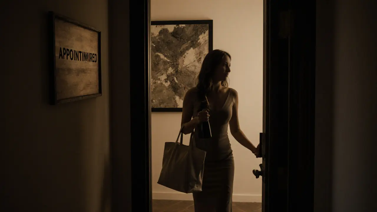 An escort arriving at a Berlin hotel door with wine and a bag, smiling warmly under soft hallway lighting.