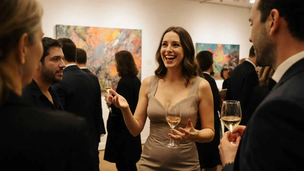 An event escort engaging naturally with guests at a sophisticated London art gallery.