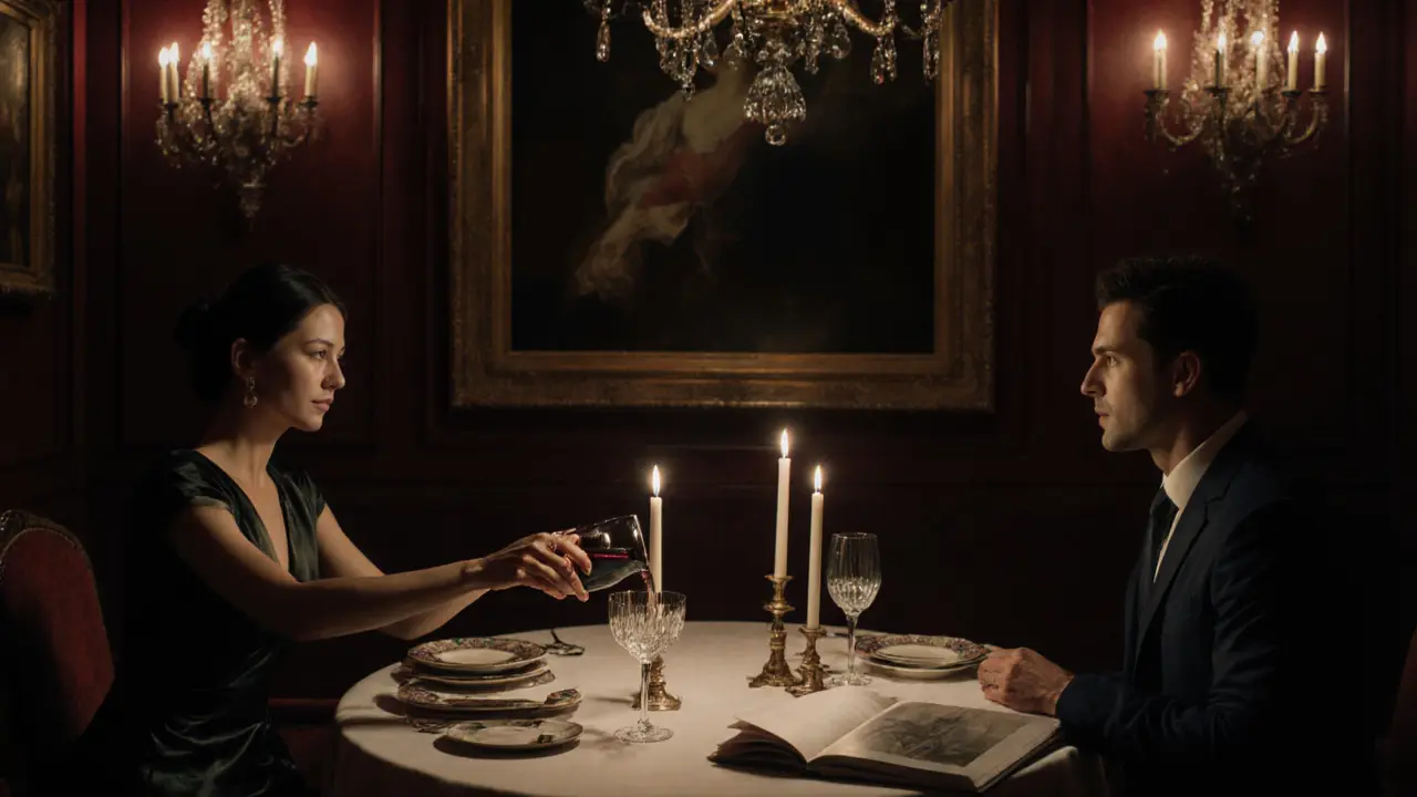 An intimate dinner in a luxury Berlin hotel room, candlelight reflecting off wine glasses and art books.