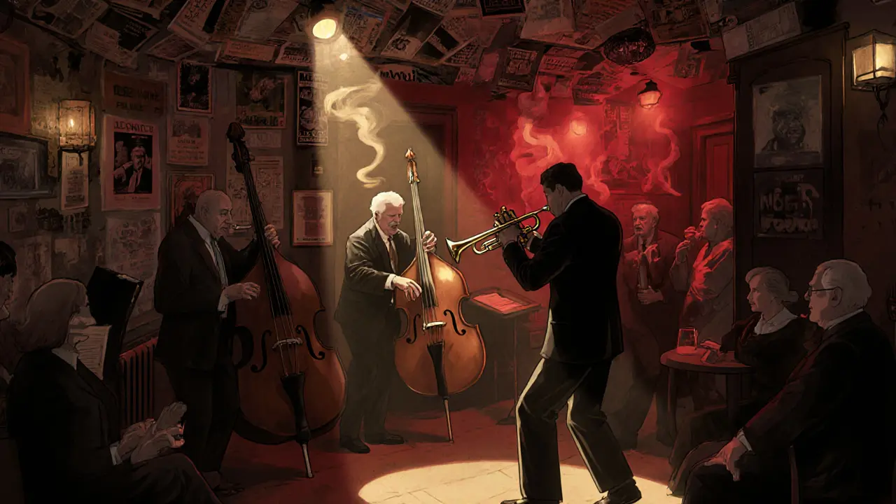 An intimate jazz cellar in Paris with elderly dancers and musicians under dim red lights.