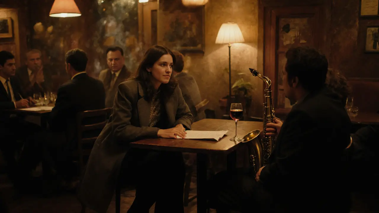 An intimate jazz club scene with a woman speaking softly over a glass of wine.