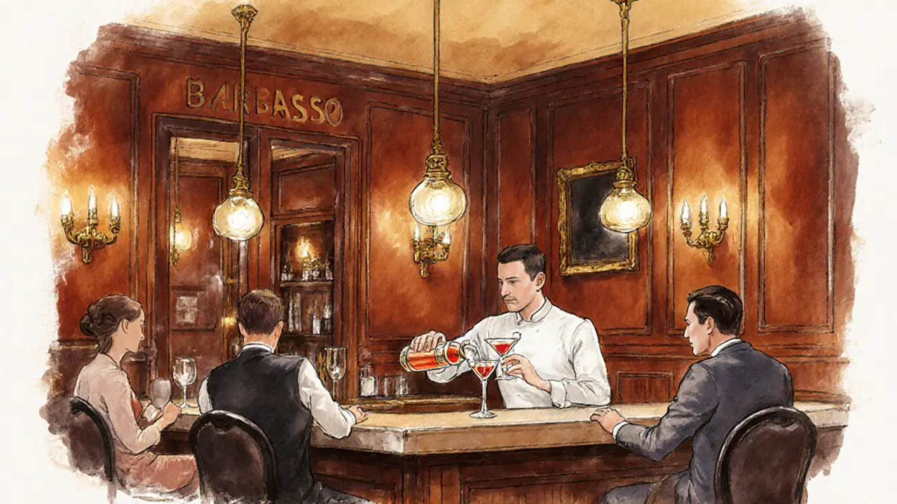 Bar Basso in Brera, bartender pouring the Negroni Sbagliato in a cozy, dimly lit wine bar.