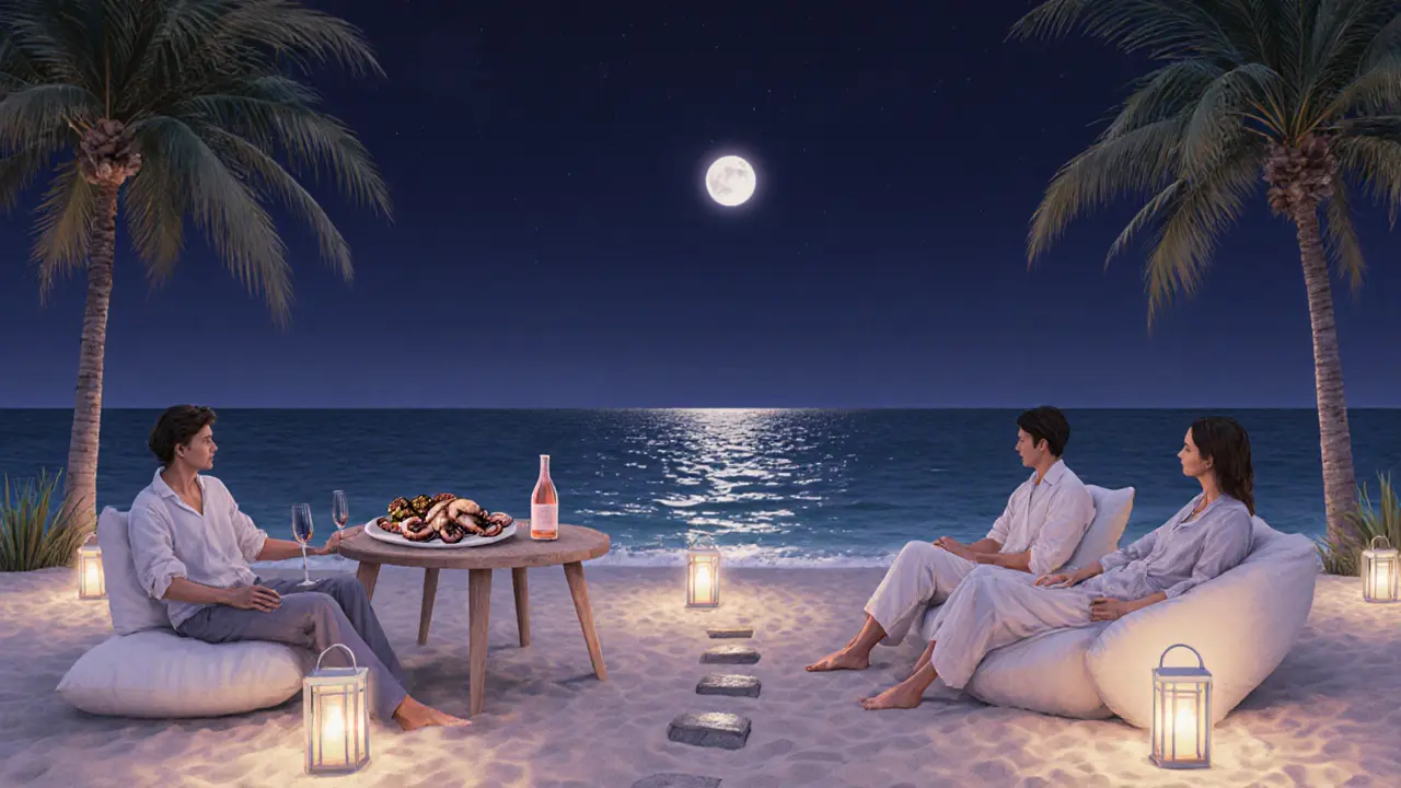 Beachside lounge at midnight with lanterns, food, and moonlit waves.