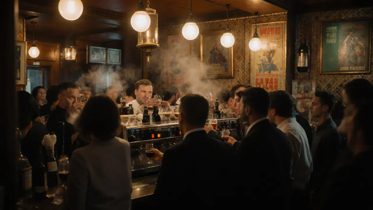 Busy bar counter at Bar Termini with patrons drinking wine under warm golden lights.