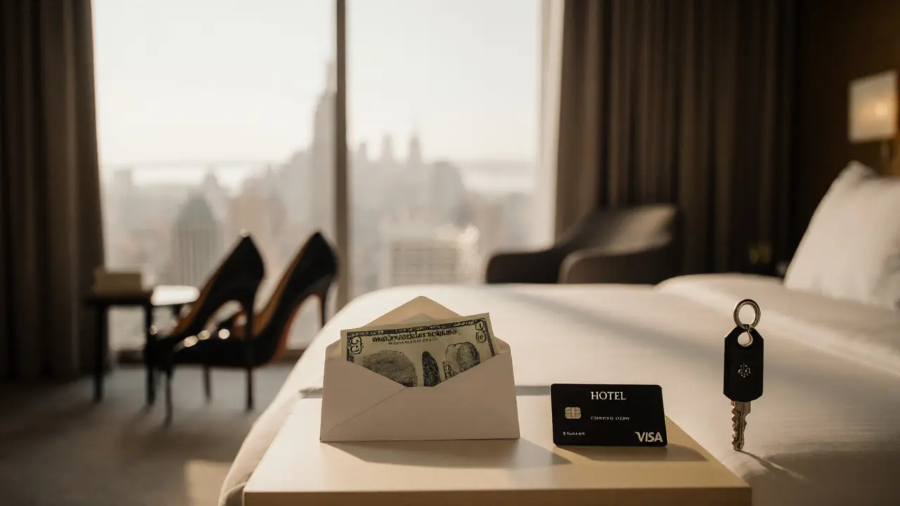 Cash envelope and keycard on a hotel nightstand with city skyline in background.
