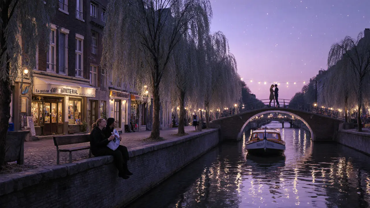 Couple sharing almonds on a bench by Canal Saint-Martin, boats gently bumping the dock at twilight.