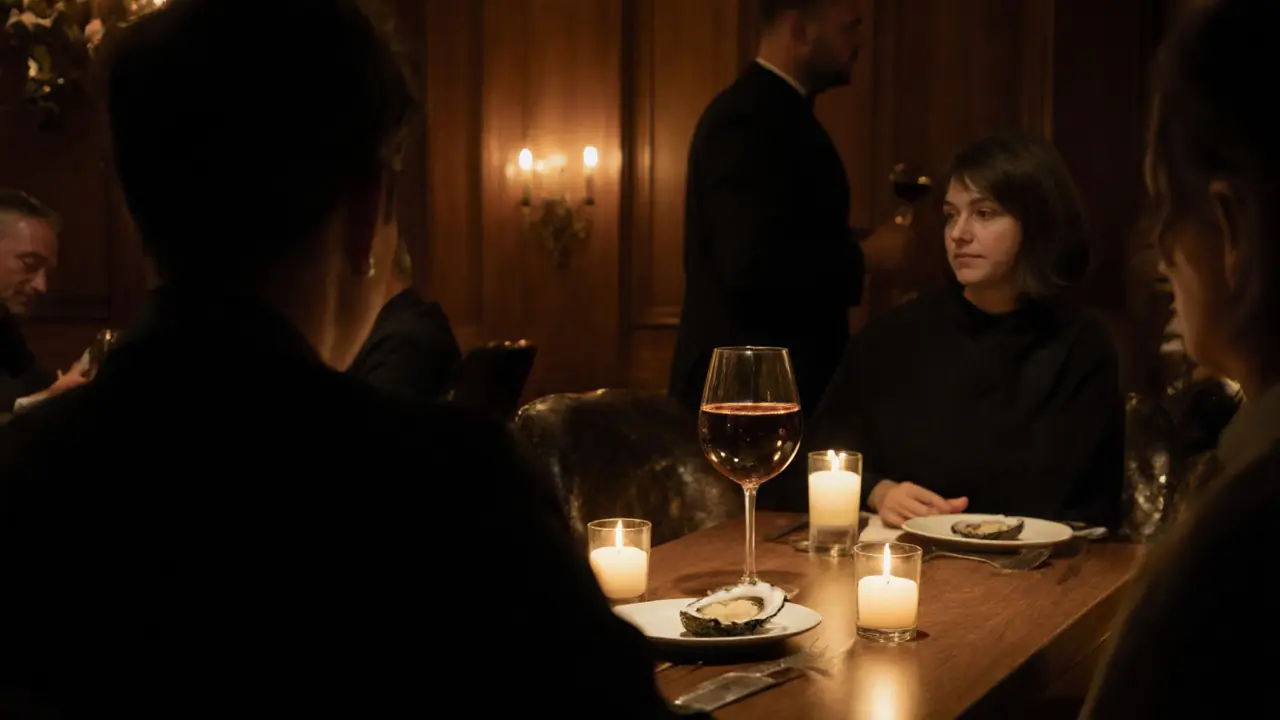 Couples sharing a quiet meal in a warm, dimly lit restaurant with wooden panels and soft candlelight.