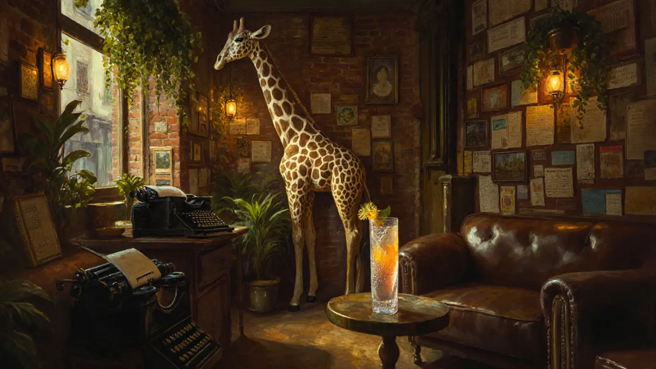 Cozy interior with hanging plants, vintage decor, and a stuffed giraffe under warm lighting.