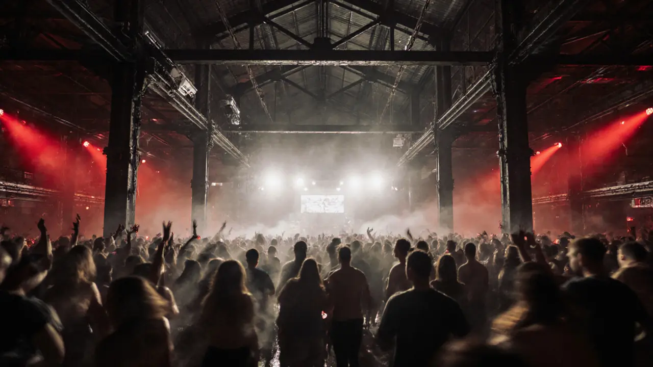 Crowd dancing under strobe lights in an industrial warehouse nightclub.
