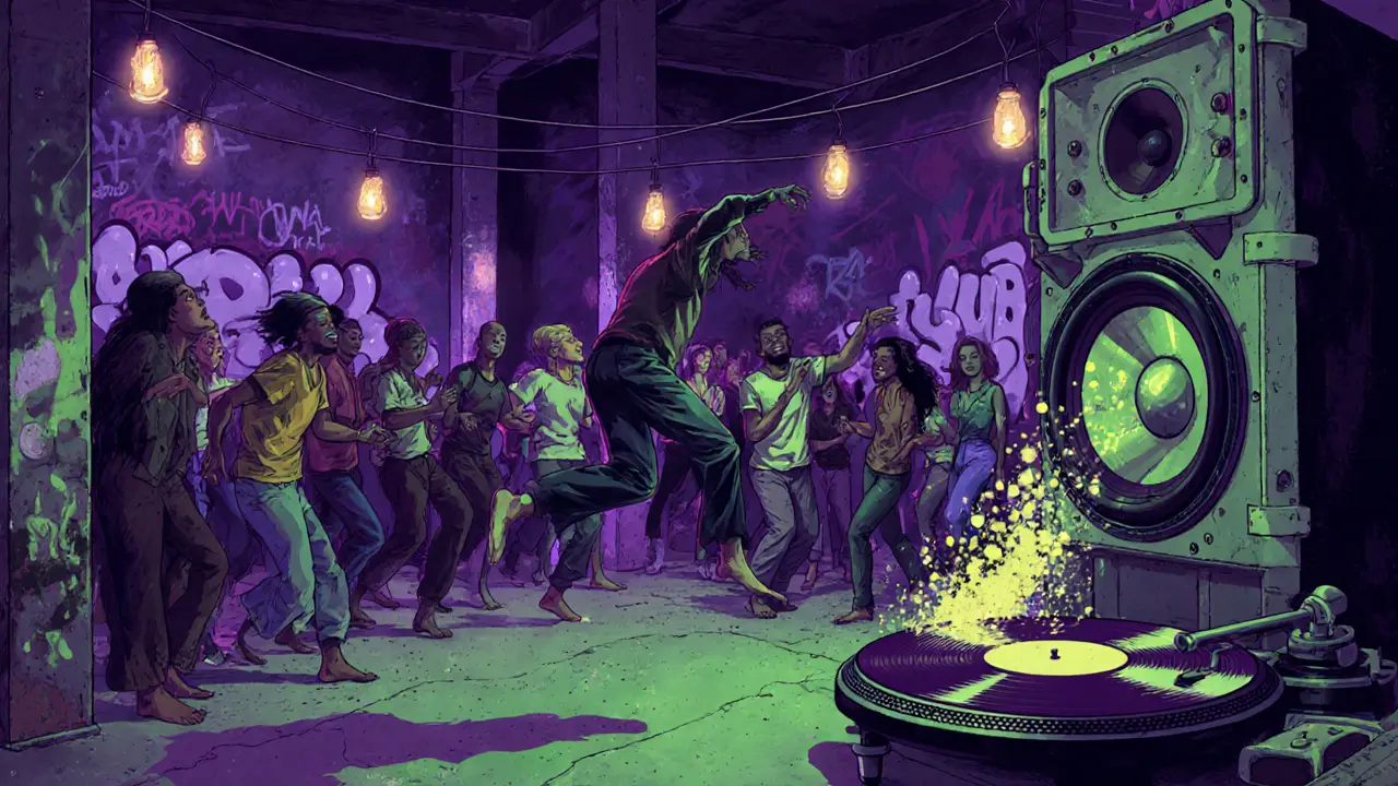 Dancers in a warehouse club under flickering lights with reclaimed speakers.