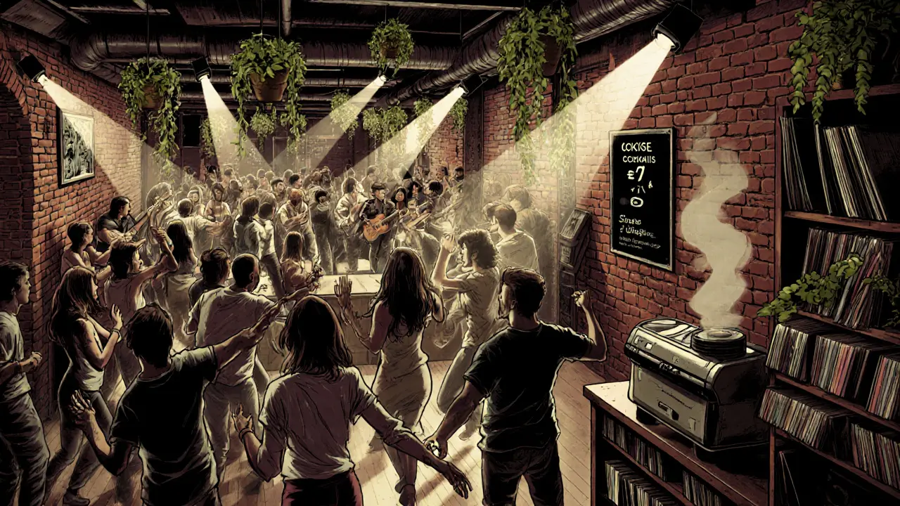 Dancers moving to house music in a gritty underground club in Belleville with live band and chalkboard menu.