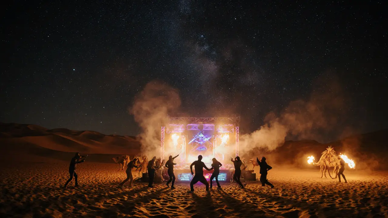 Desert party at night under stars with dancers, fire performers, and sand dunes under a pulsing sound system.