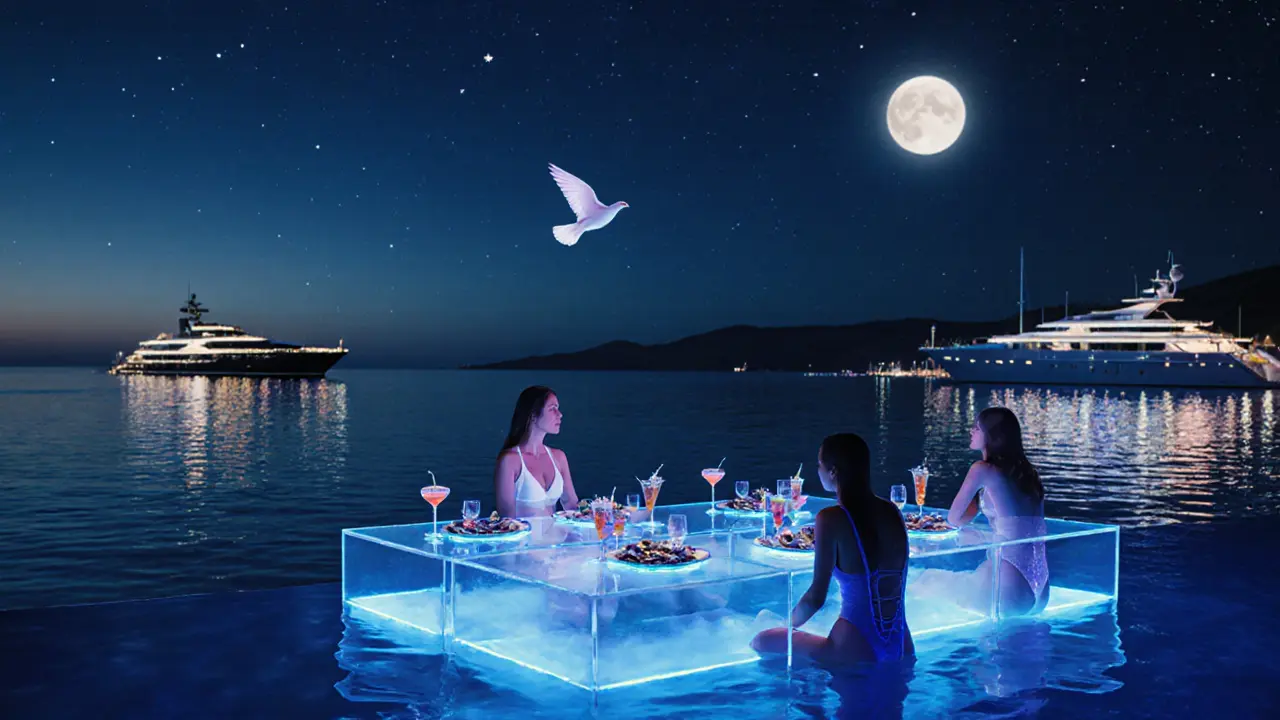 Floating tables with glowing drinks on midnight water, yachts reflecting lights, guests in swimwear in serene silence.