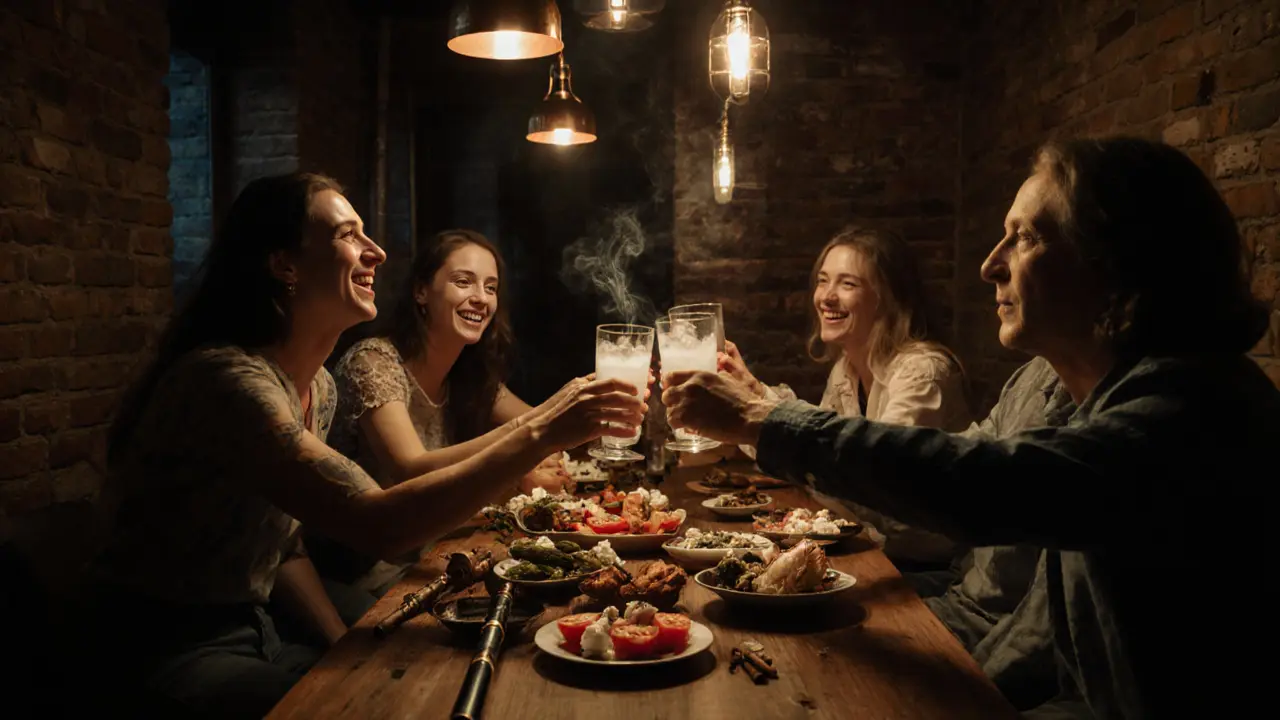 Friends sharing raki and meze in a cozy, lantern-lit bar with a ney flute on the table.