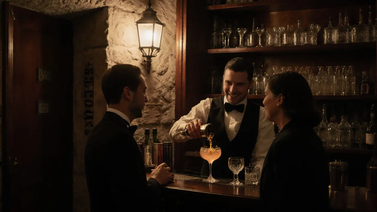 Hidden speakeasy bar with golden cocktail being poured in a dim, bookshelf-hidden room.