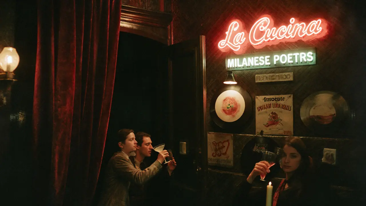 Hidden speakeasy bar with velvet curtains, vintage drinks, and rare vinyl records in soft candlelight.