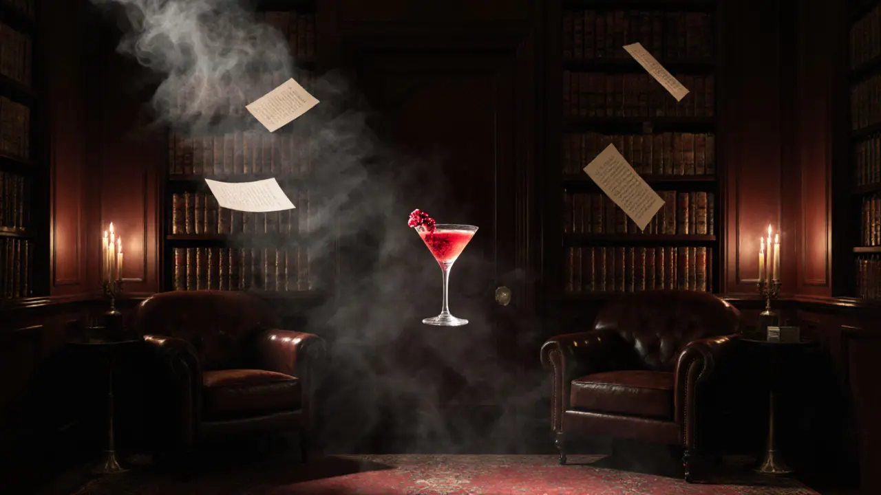 Hidden speakeasy with bookshelf door, velvet room, and glowing cocktail under soft candlelight.
