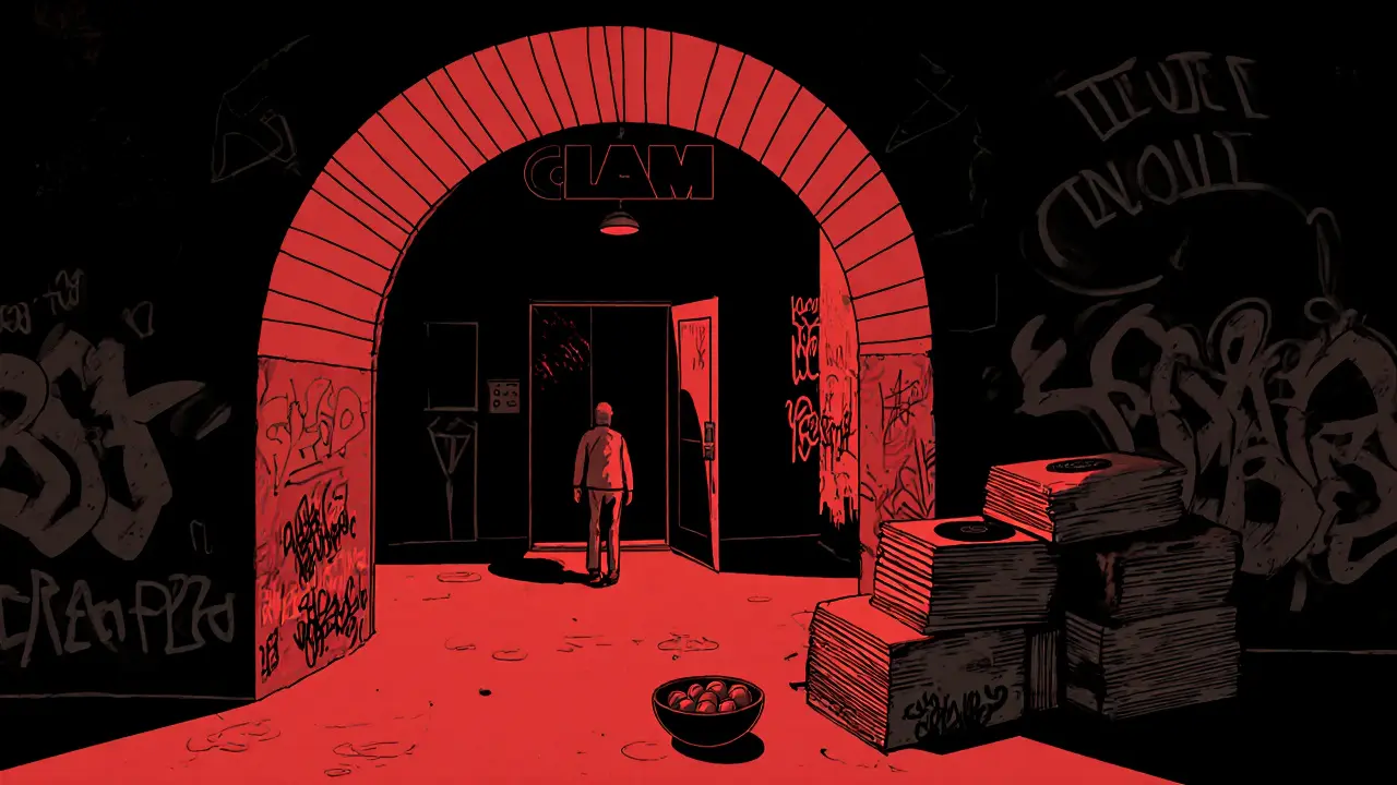 Hidden underground club Clam with red lighting and a figure entering through an unmarked door.