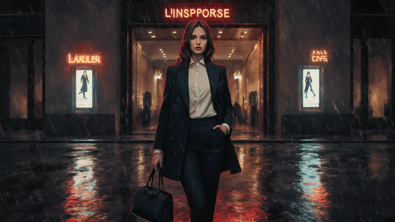 Independent escort standing confidently outside a luxury hotel in Milan at twilight.