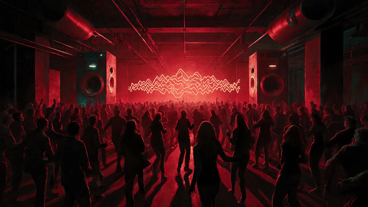 Industrial club interior with a crowd dancing under red lights, massive speakers, and a hypnotic atmosphere.