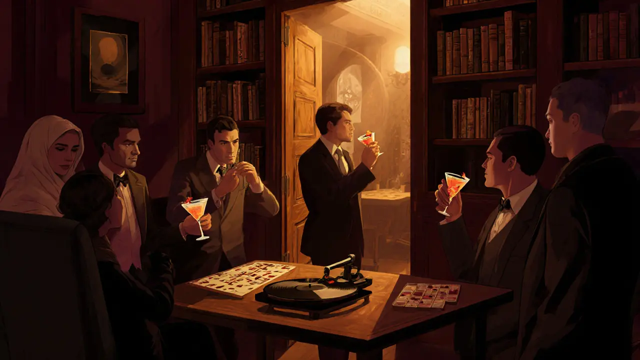 Intimate bar with bookshelf entrance, patrons sipping spiced cocktails under warm dim lights.