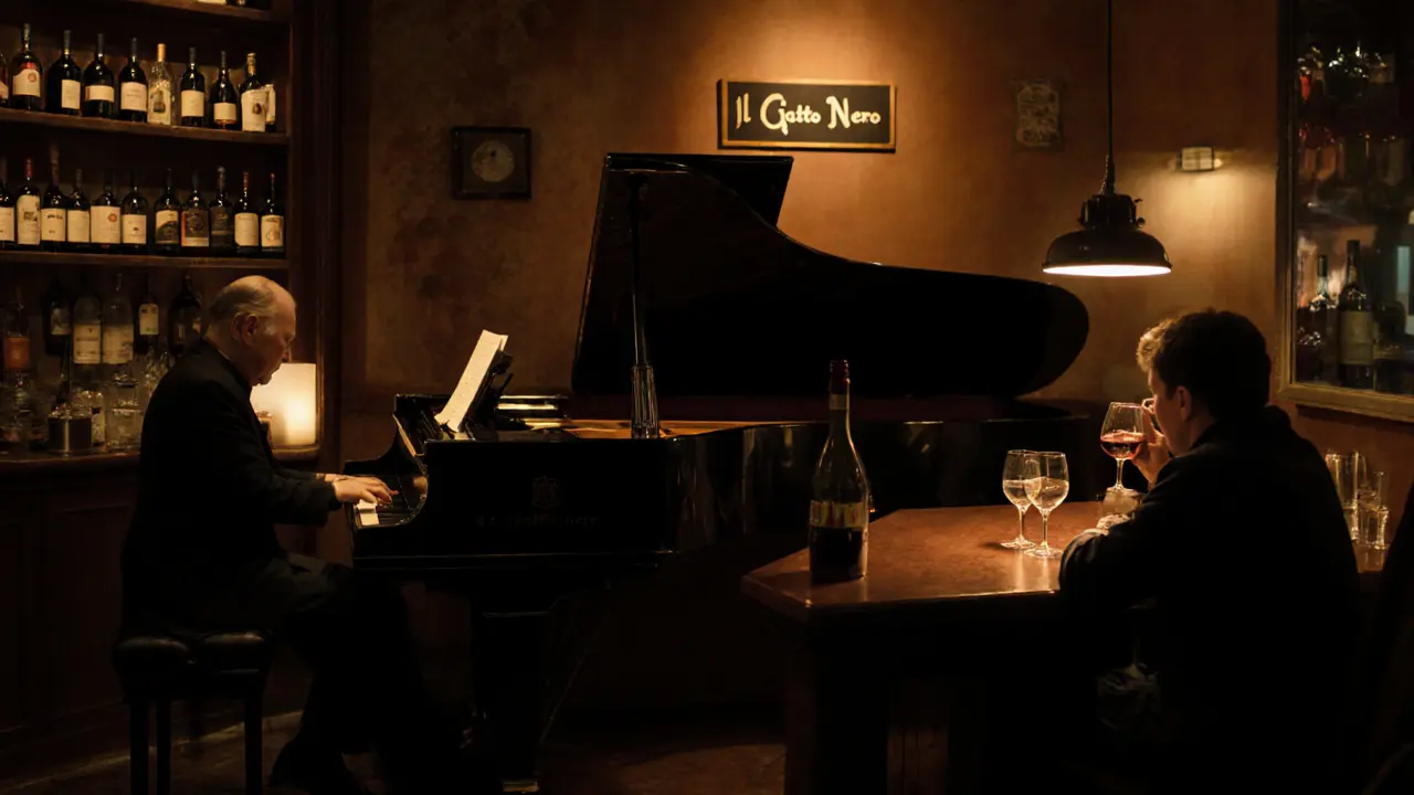 Intimate jazz bar with a pianist playing as two patrons sip wine in quiet focus.